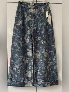 NWT Size 26 - Pilcro The Leon 100% Cotton High-Rise Wide-Leg Jeans Blue Floral